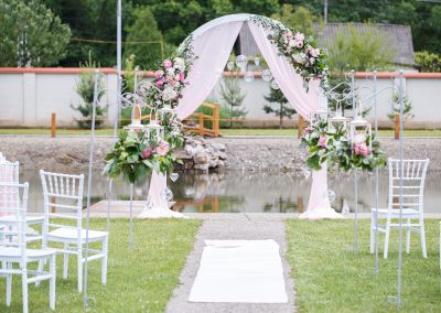 Romantic and delicate decoration for wedding marriage ceremony in the open air.